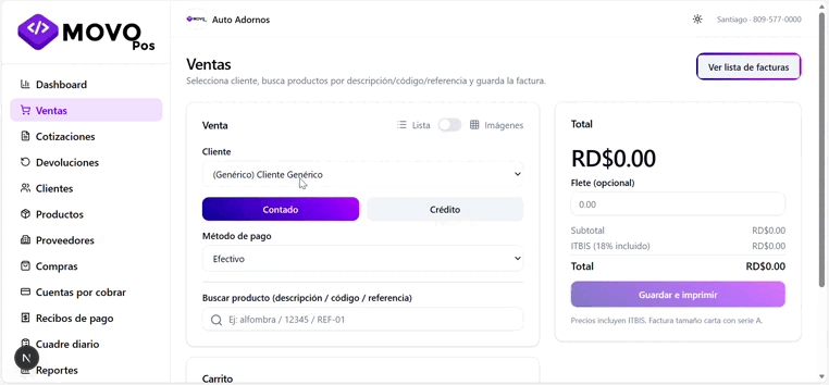 Proceso de facturación en modo lista